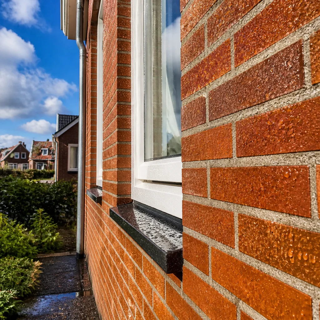 Dutch brick facade with water-repellent impregnation coating - water droplets beading on surface demonstrating hydrophobic effect