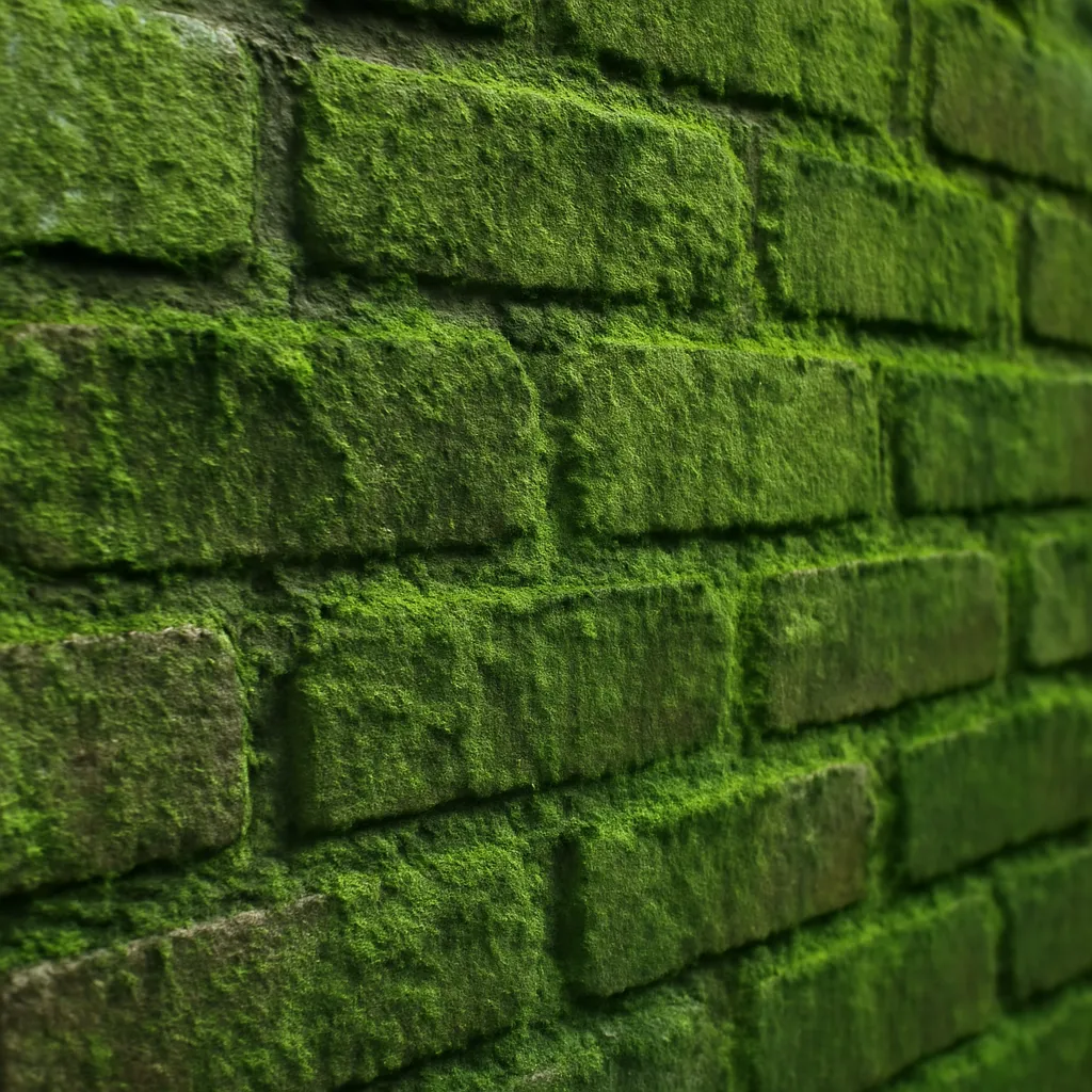 Groene aanslag op gevel: mos en algen op een bakstenen muur