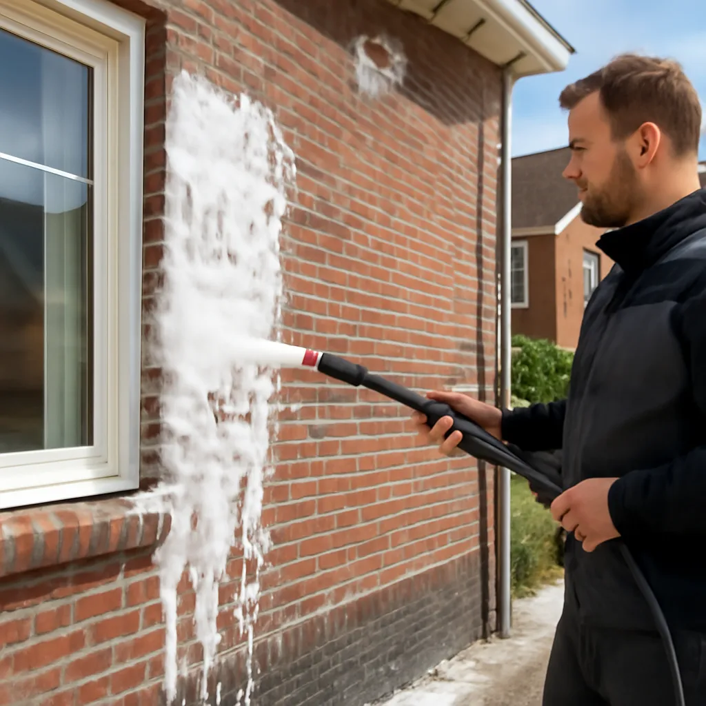 Professionele zachte gevelreiniging met lage druk en biologisch reinigingsmiddel